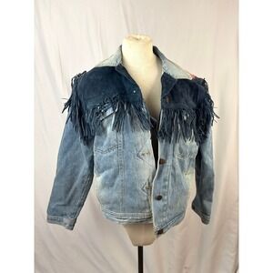 Garme Denim Jacket Fringe Suede Western Aztec Blanket USA M Artisan OOAK
